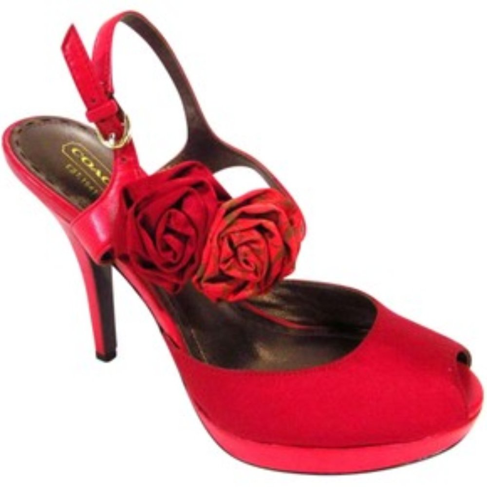 Coach Red Peep Toe Heels with Floral Accent